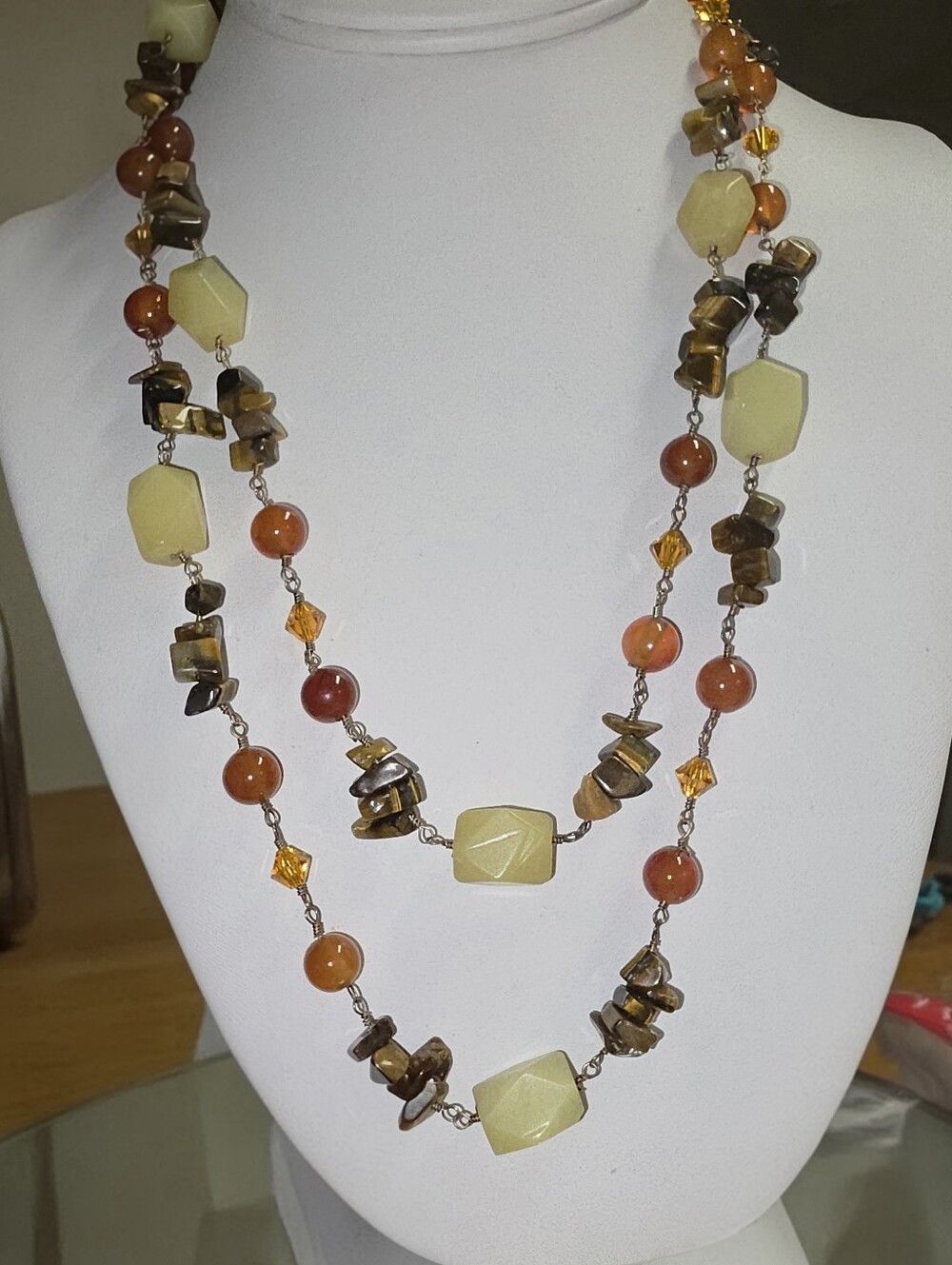 Vintage Earth Tone Beaded  Tiger’s Eye & Yellow Glass Necklace